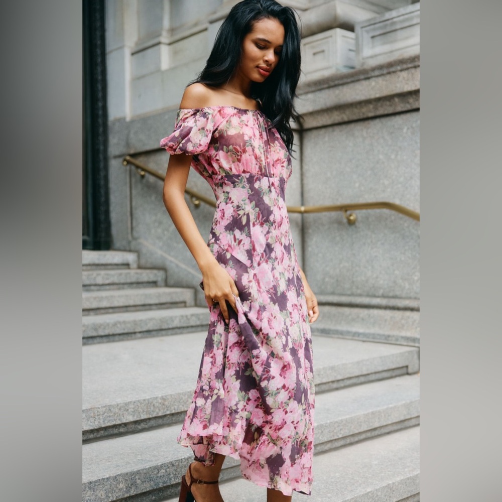 For Love & Lemons Adelie Puff-Sleeve
Midi Dress in Brown Pattern
